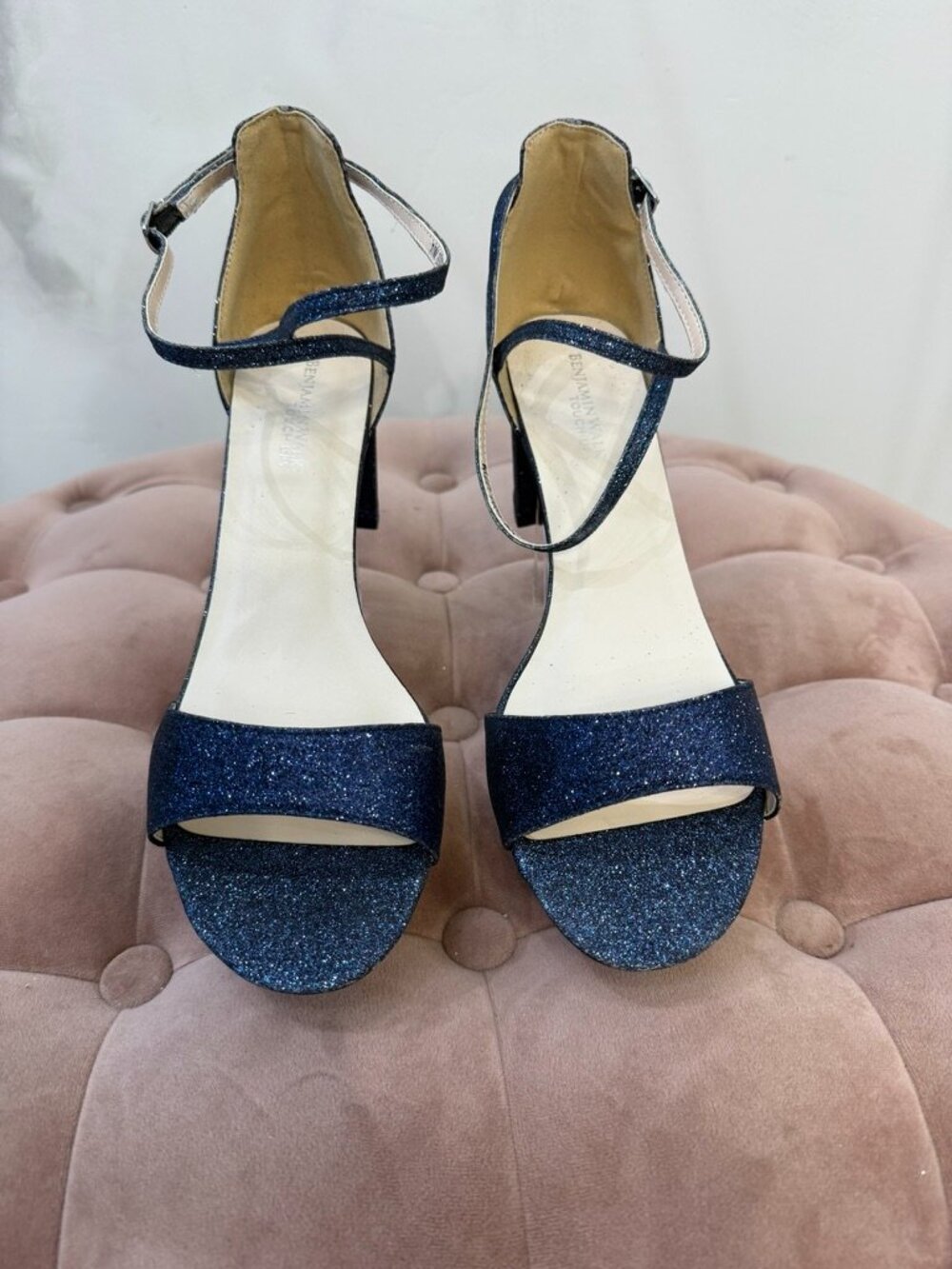 Touch Ups by Benjamin Walk Jackie Navy Blue Glitter Block Heel Sandals Size 10